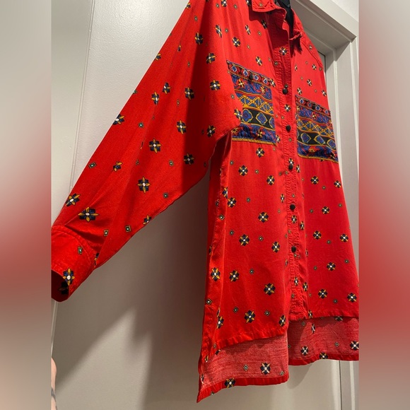 VTG Josephine Red Patterned Button-Up Long-Sleeve Shirt With Pockets - Size Med - Picture 4 of 10